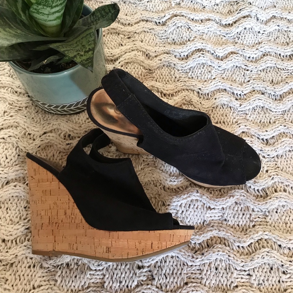 Carlos Santana Black Cork Open Toe Wedge